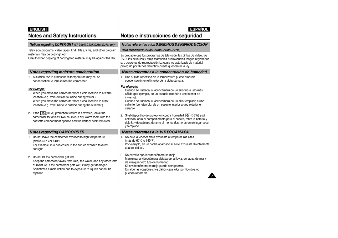 Samsung D270(i), D250(i), D230(i) manual Notas referentes a la condensación de humedad, Notas referentes a la Videocámara 