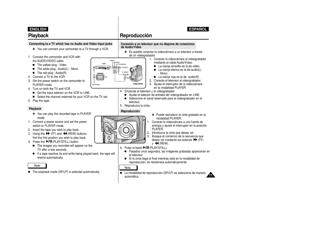 Samsung D230(i), D250(i), D270(i) manual Playback Reproducción, De Audio/Vídeo, Play/Still 