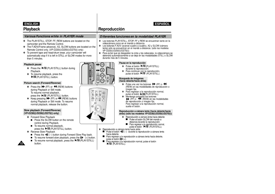 Samsung D250(i) manual Various Functions while in Player mode, Diferentes funciones en la modalidad Player, Playback pause 