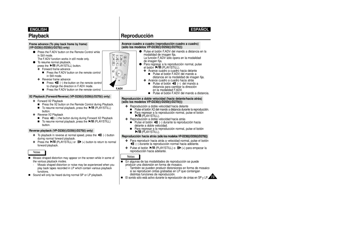 Samsung D270(i), D250(i), D230(i) manual Sólo los modelos VP-D230i/D250i/D270i, Avance cuadro a cuadro hacia atrás 