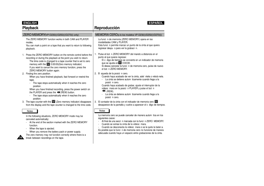 Samsung D230(i), D250(i), D270(i) manual Zero Memory VP-D230i/D250i/D270i only 