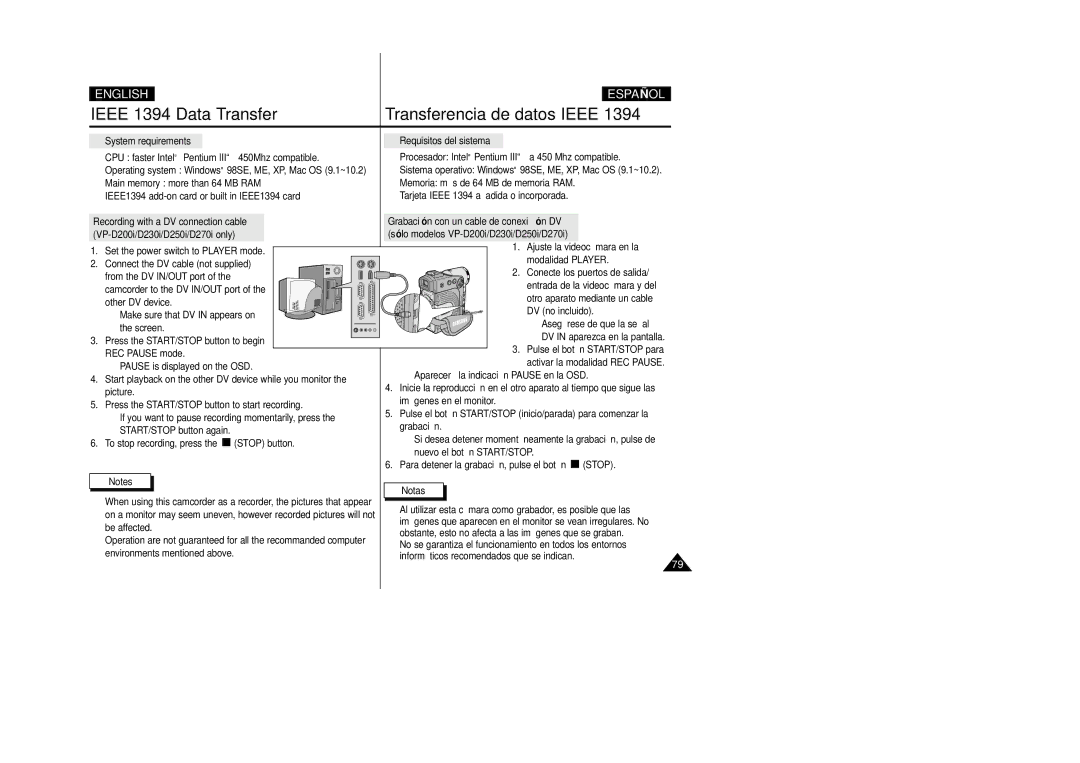 Samsung D270(i), D250(i), D230(i) manual System requirements, VP-D200i/D230i/D250i/D270i only, Requisitos del sistema 