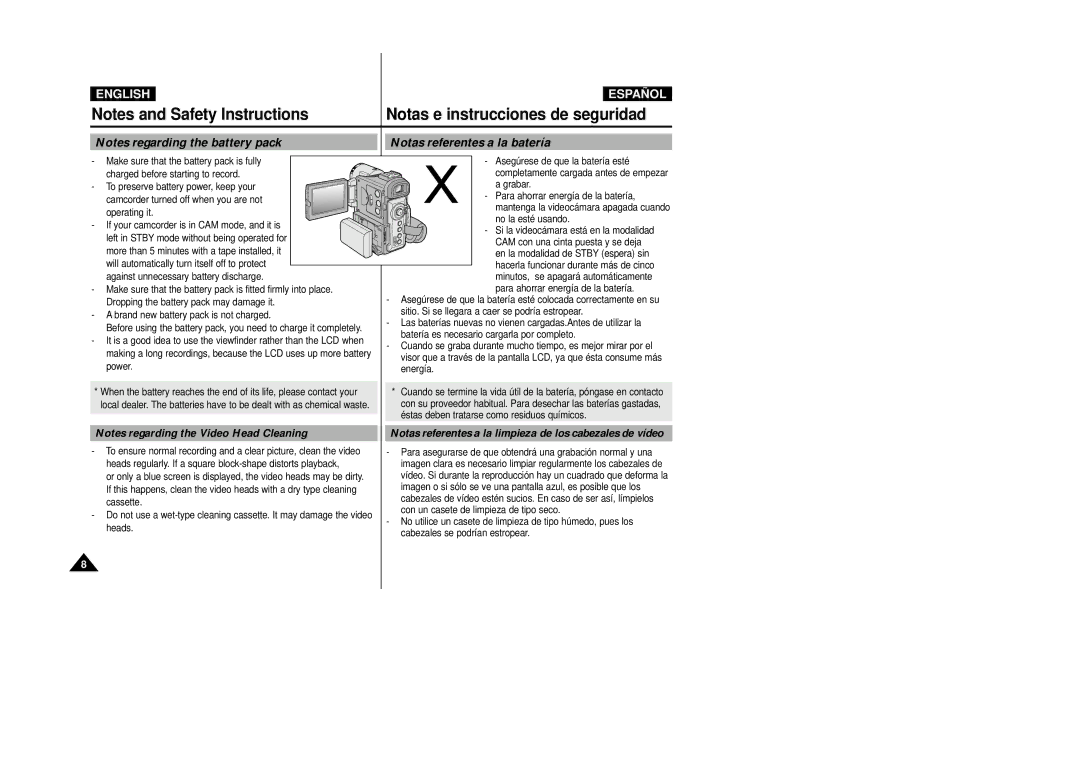 Samsung D230(i), D250(i), D270(i) Notas referentes a la batería, Notas referentes a la limpieza de los cabezales de vídeo 