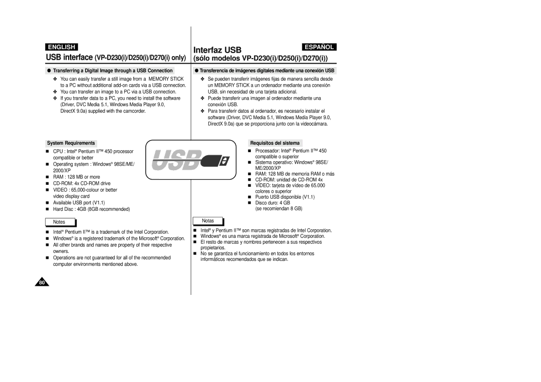 Samsung D230(i) manual You can transfer an image to a PC via a USB connection, System Requirements Requisitos del sistema 