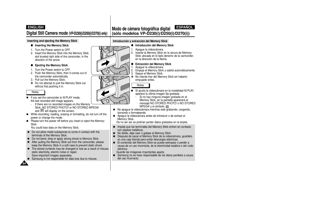 Samsung D250(i), D270(i), D230(i) manual Ejecting the Memory Stick, Extracció n del Memory Stick 