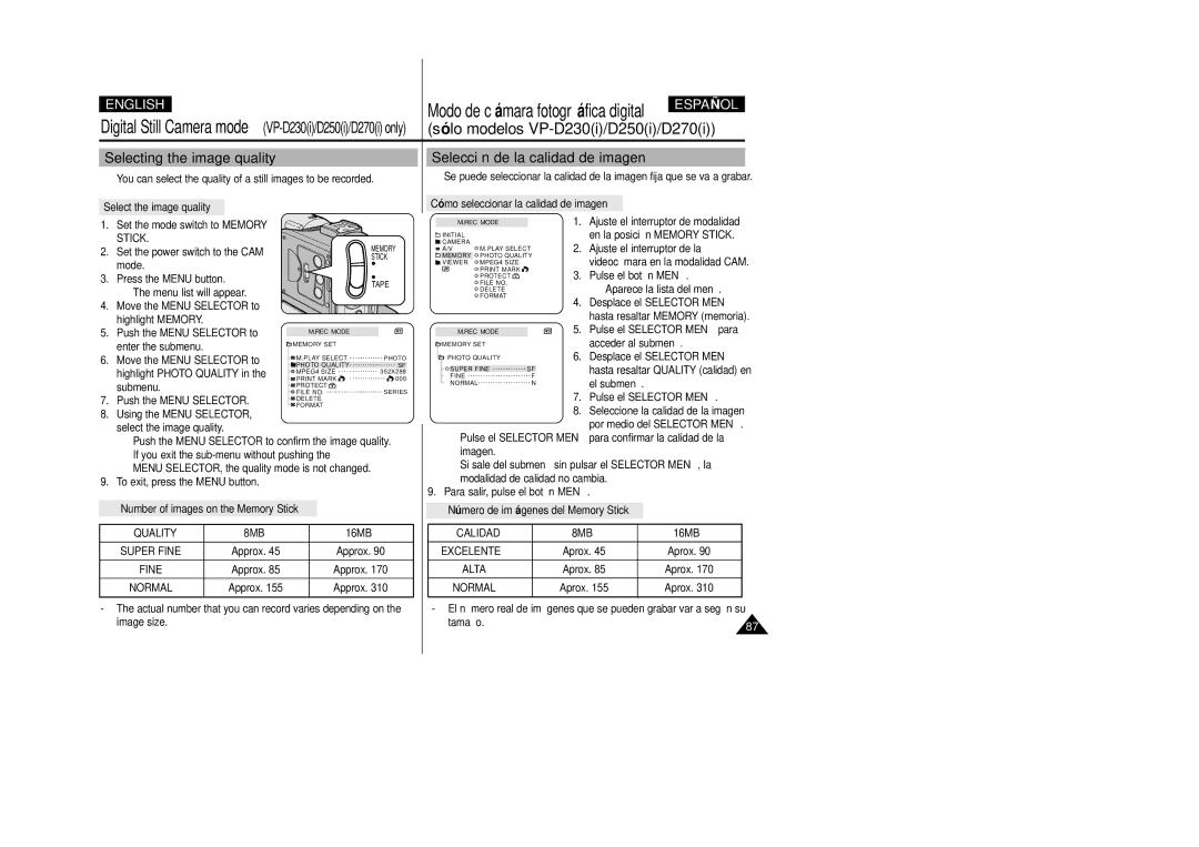 Samsung D250(i), D270(i), D230(i) Selecting the image quality, Selección de la calidad de imagen, Quality 8MB, Calidad 8MB 