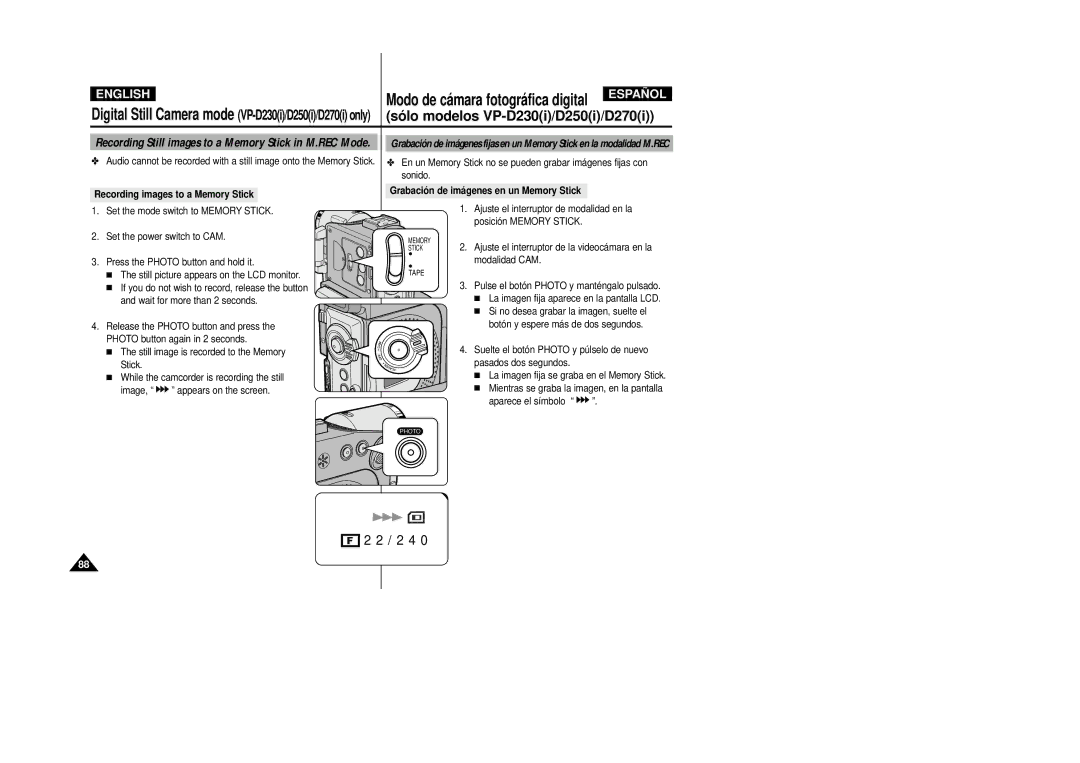 Samsung D270(i) manual Recording images to a Memory Stick, Grabació n de imá genes en un Memory Stick, Aparece el símbolo 