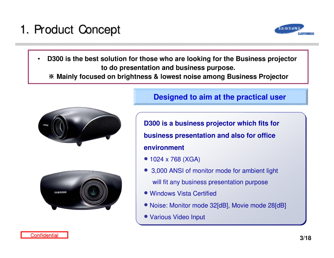 Samsung D300 manual Product Concept, Designed to aim at the practical user 