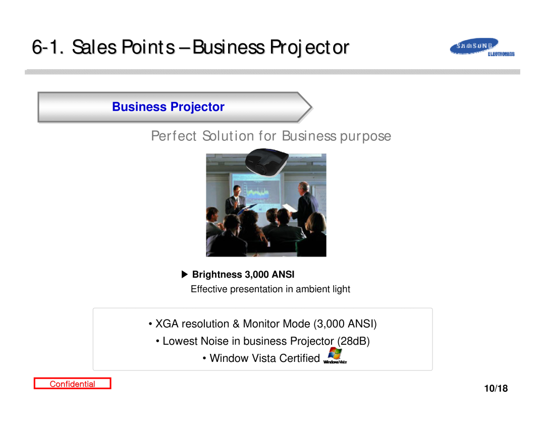Samsung D300 manual Sales Points - Business Projector, Perfect Solution for Business purpose, Brightness 3,000 ANSI, 10/18 