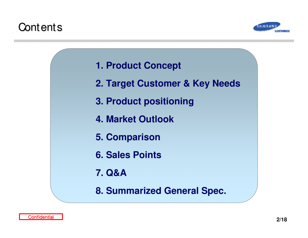 Samsung D300 manual Contents, 2/18, Product Concept 2. Target Customer & Key Needs, Confidential 