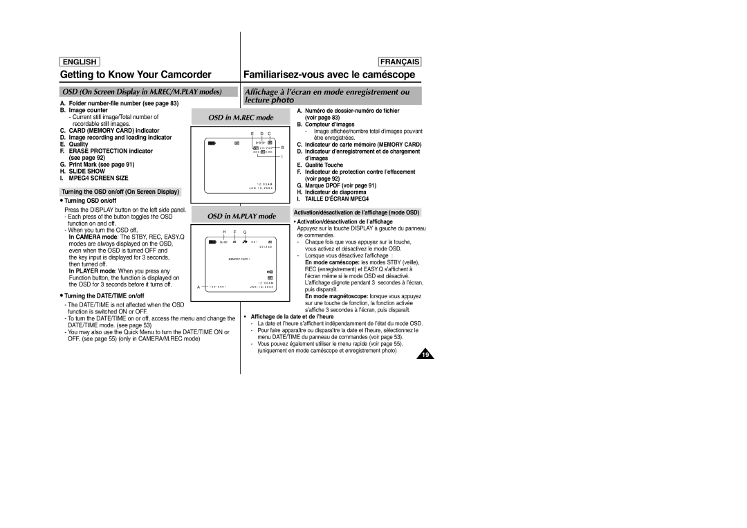 Samsung D305 Lecture photo, OSD On Screen Display in M.REC/M.PLAY modes, OSD in M.REC mode, Slide Show, MPEG4 Screen Size 