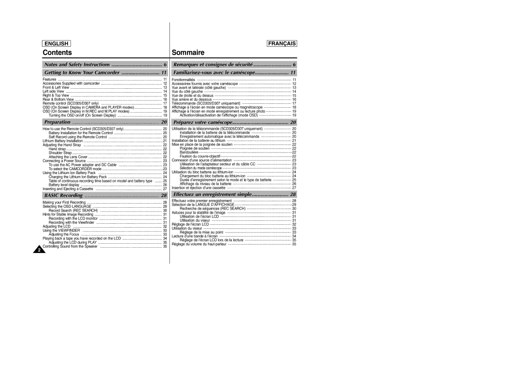 Samsung D305 manual Contents Sommaire 