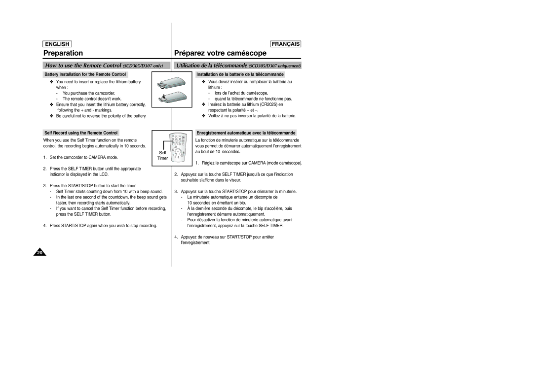 Samsung manual Preparation Préparez votre caméscope, Utilisation de la télécommande SCD305/D307 uniquement 