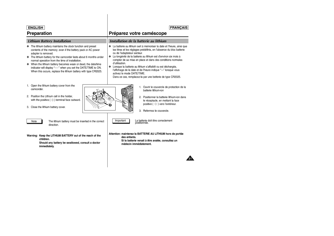 Samsung D305 manual Lithium battery maintains the clock function and preset, Adapter is removed Ou de l’adaptateur secteur 