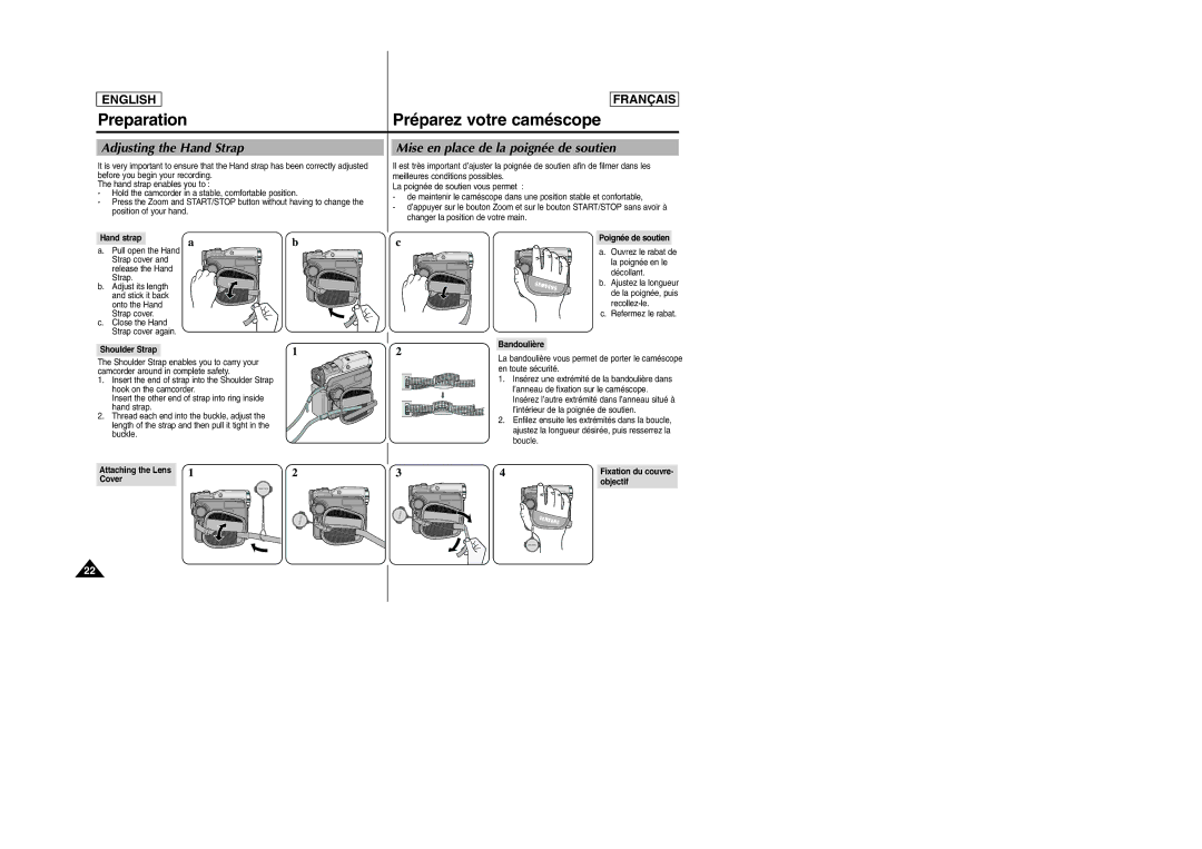 Samsung D305 manual Preparation, Préparez votre caméscope, Adjusting the Hand Strap, Mise en place de la poignée de soutien 