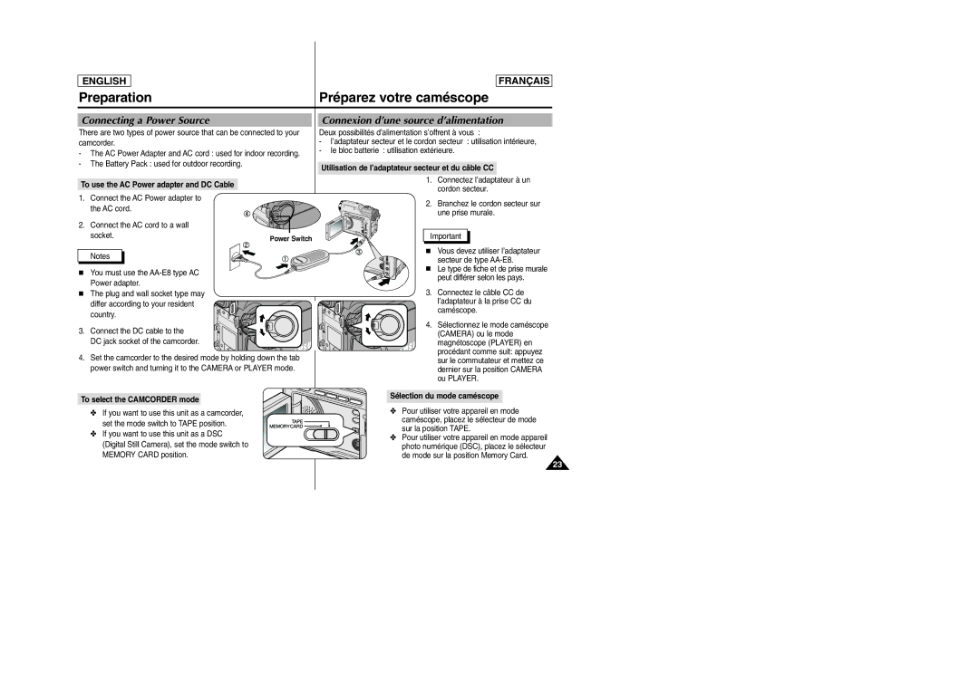 Samsung D305 manual Connecting a Power Source, Connexion d’une source d’alimentation 