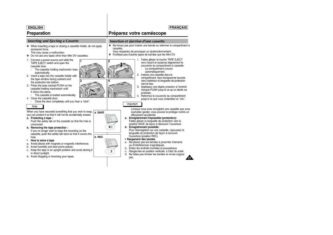 Samsung D305 manual Inserting and Ejecting a Cassette, Insertion et éjection d’une cassette 