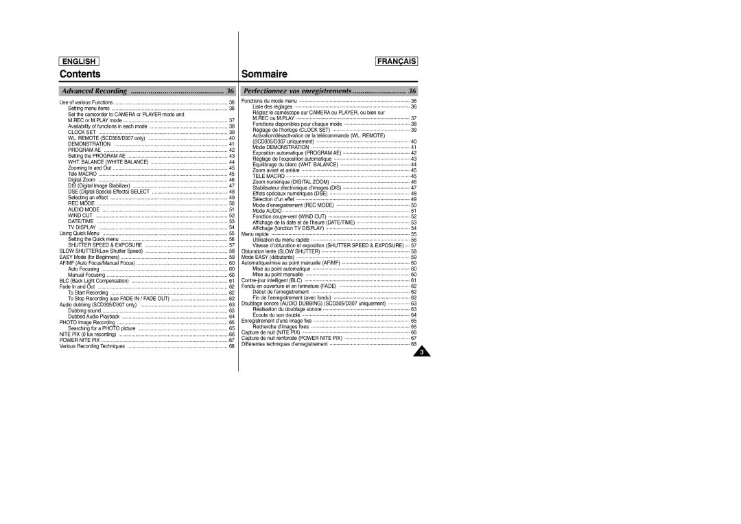 Samsung D305 manual Sommaire, Advanced Recording 