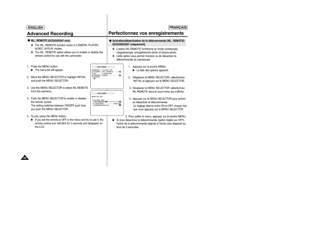 Samsung manual Appuyez sur la touche MENU. La liste des options apparaît, WL. Remote SCD305/D307 only 