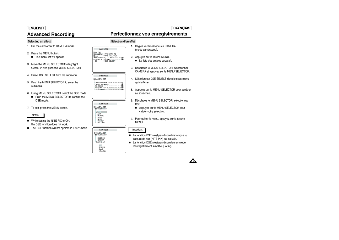 Samsung D305 manual Selecting an effect Sélection d’un effet, DSE function will not operate in Easy mode 