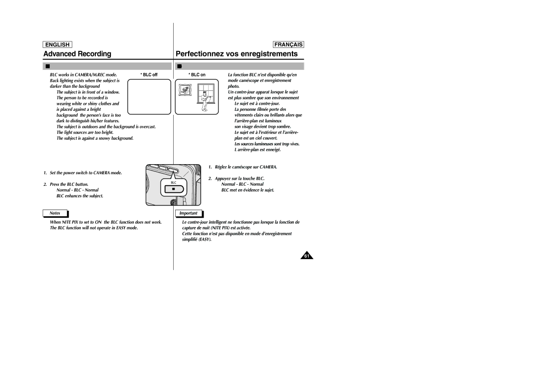 Samsung D305 manual BLC Back Light Compensation Contre-jour intelligent BLC, BLC off BLC on 