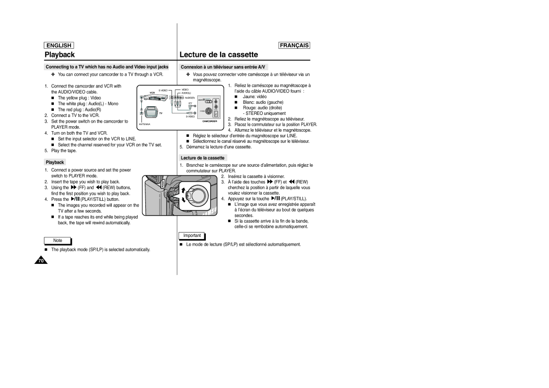 Samsung D305 manual Lecture de la cassette, Playback, Rew 