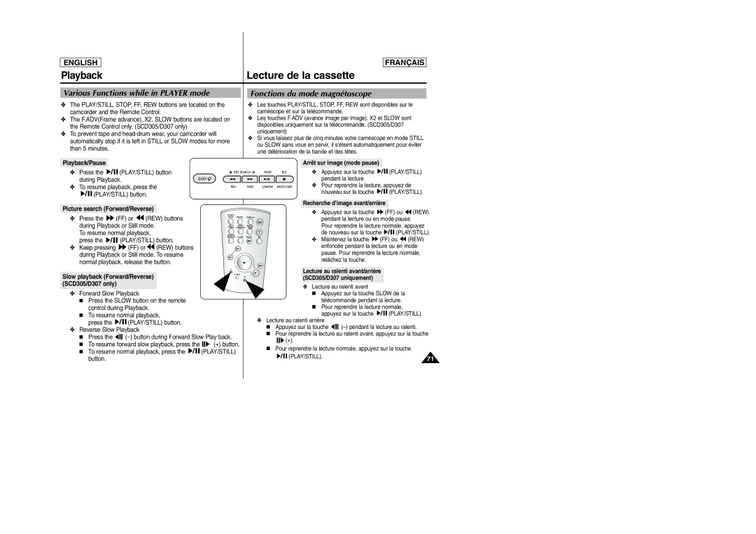 Samsung D305 manual Playback Lecture de la cassette, Various Functions while in Player mode, Fonctions du mode magnétoscope 