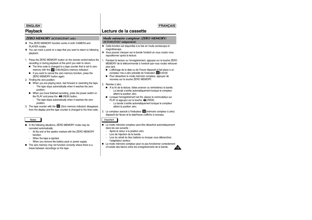 Samsung manual Mode mémoire compteur Zero Memory, Zero Memory SCD305/D307 only, SCD305/D307 uniquement 