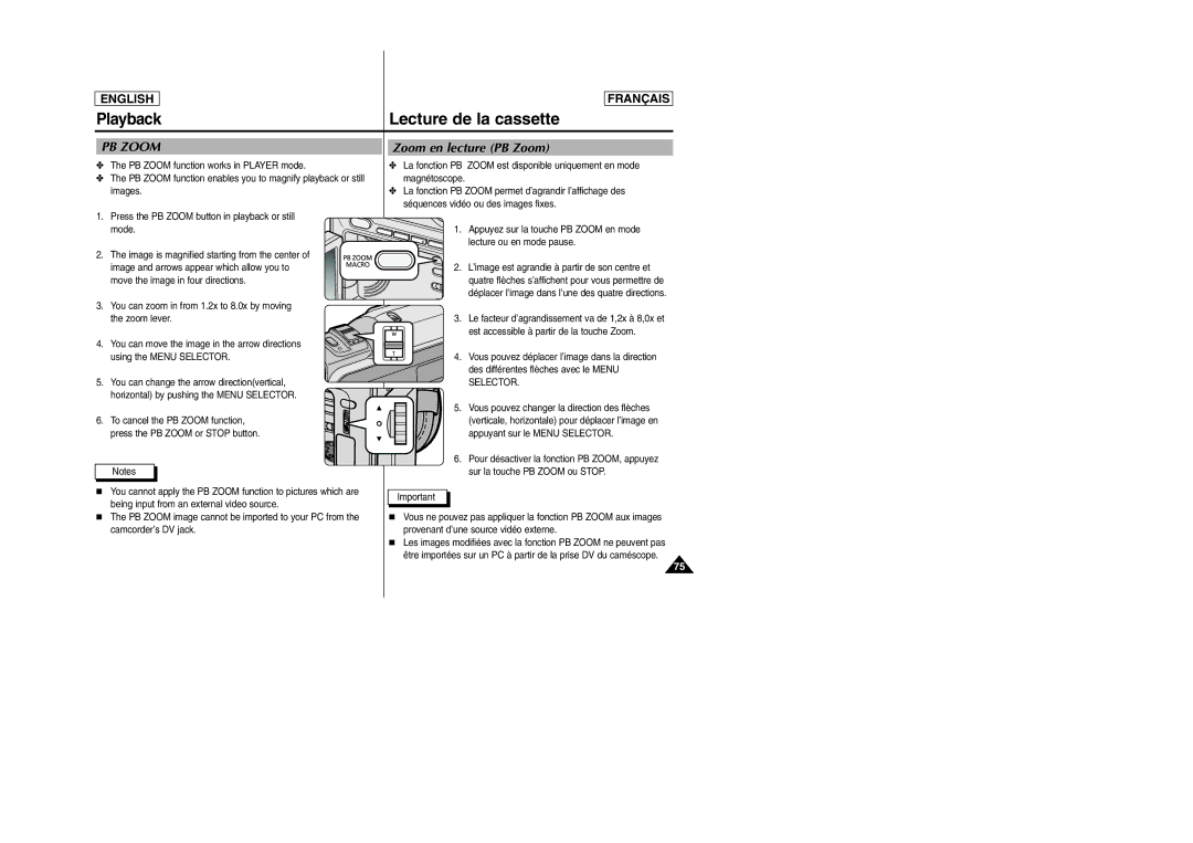 Samsung D305 manual Zoom en lecture PB Zoom, PB Zoom function works in Player mode 