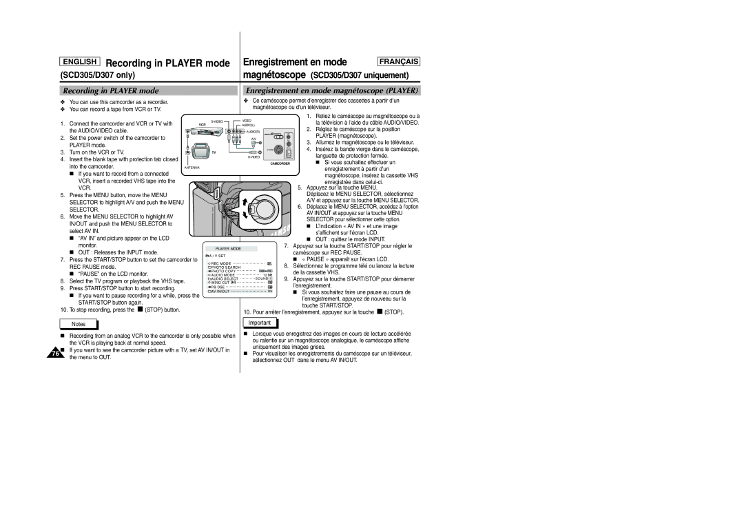 Samsung D305 manual Recording in Player mode, Enregistrement en mode magnétoscope Player 