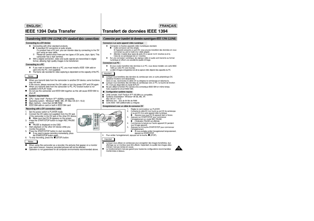 Samsung D305 manual Ieee 1394 Data Transfer, Transfert de données Ieee 