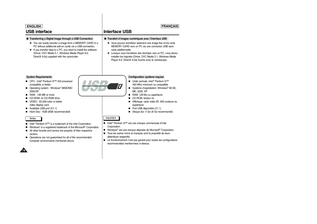 Samsung D305 manual Interface USB, USB interface, System Requirements, Configuration système requise 