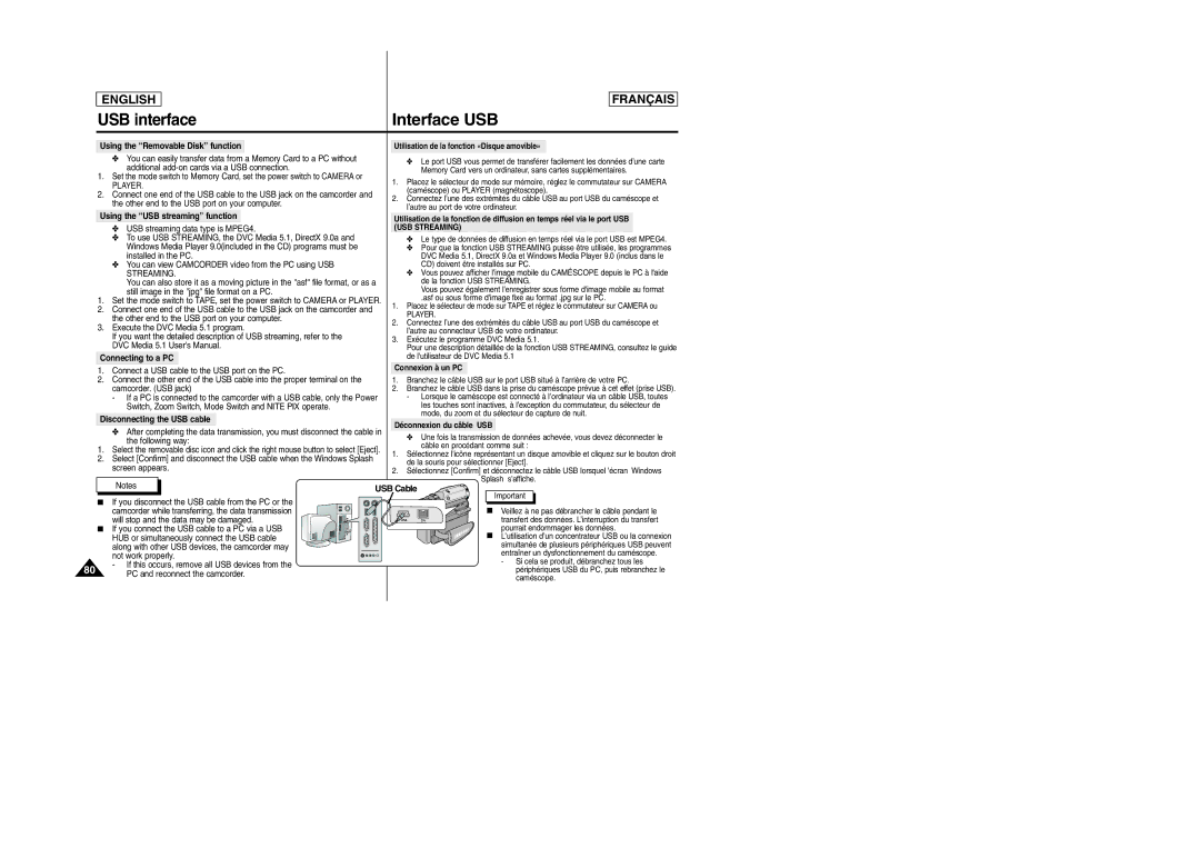 Samsung D305 manual Using the Removable Disk function, Connecting to a PC, Disconnecting the USB cable, USB Cable 