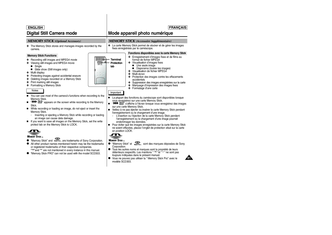 Samsung D305 manual Memory Stick Optional Accessory, Memory Stick Functions, Protection, Tab 