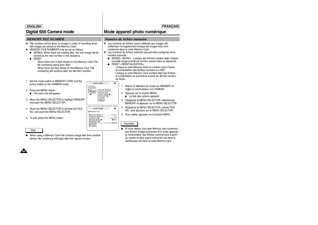 Samsung D305 manual Numéro de fichier mémoire, Reset Reinitialisation 