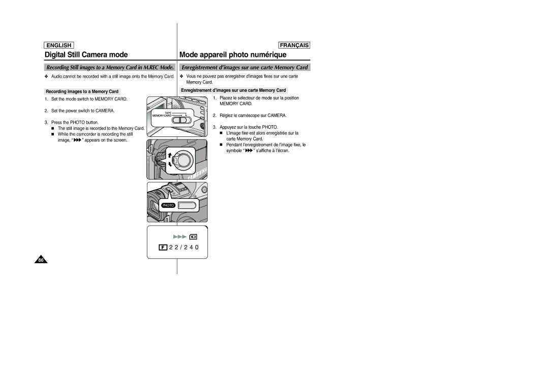 Samsung D305 manual Recording images to a Memory Card, Enregistrement d’images sur une carte Memory Card 