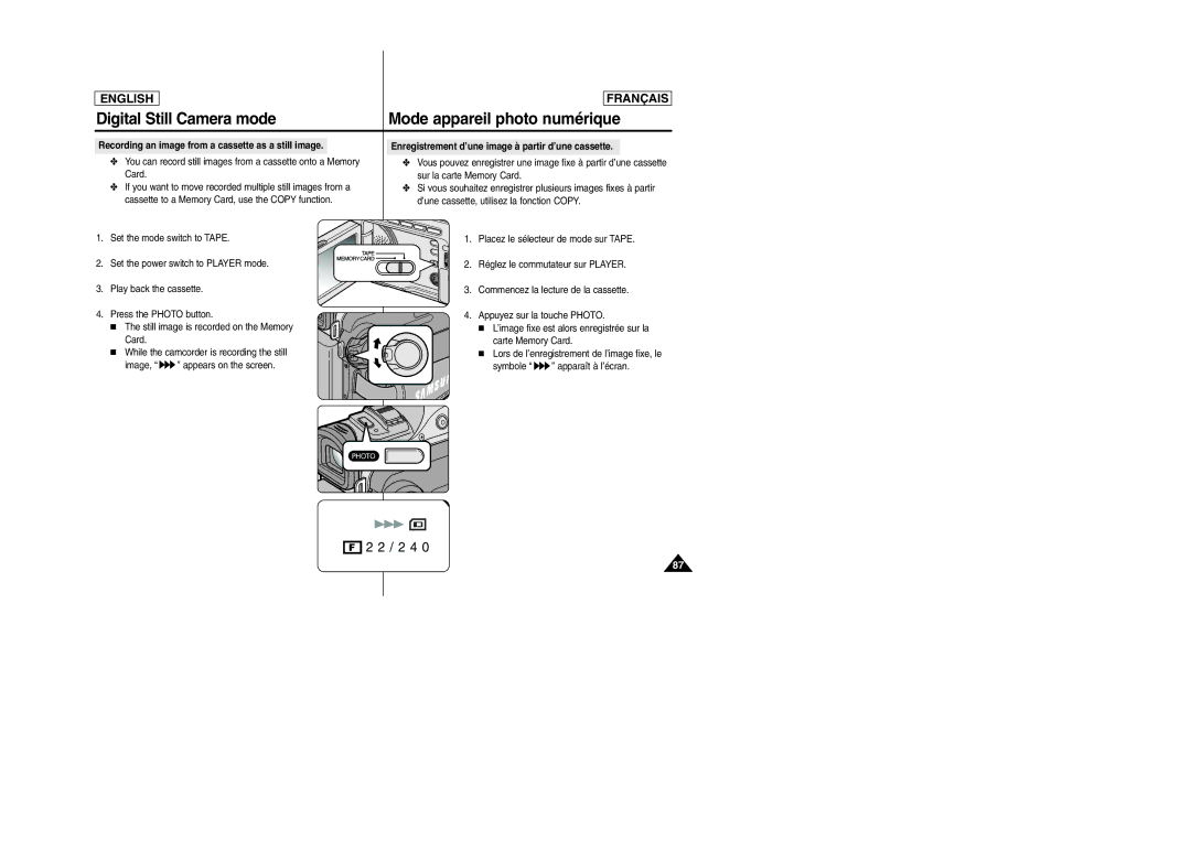 Samsung D305 manual Recording an image from a cassette as a still image, Enregistrement d’une image à partir d’une cassette 