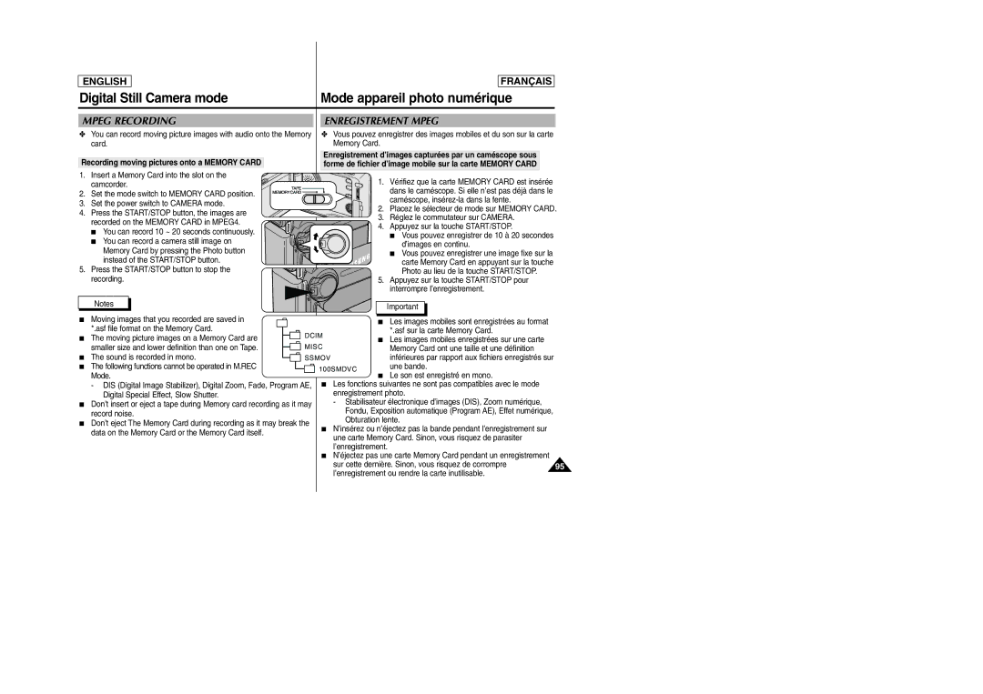 Samsung D305 manual Recording moving pictures onto a Memory Card 