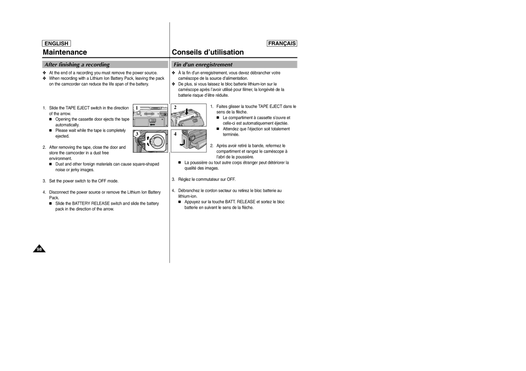 Samsung D305 manual Maintenance, Conseils d’utilisation, After finishing a recording, Fin d’un enregistrement 