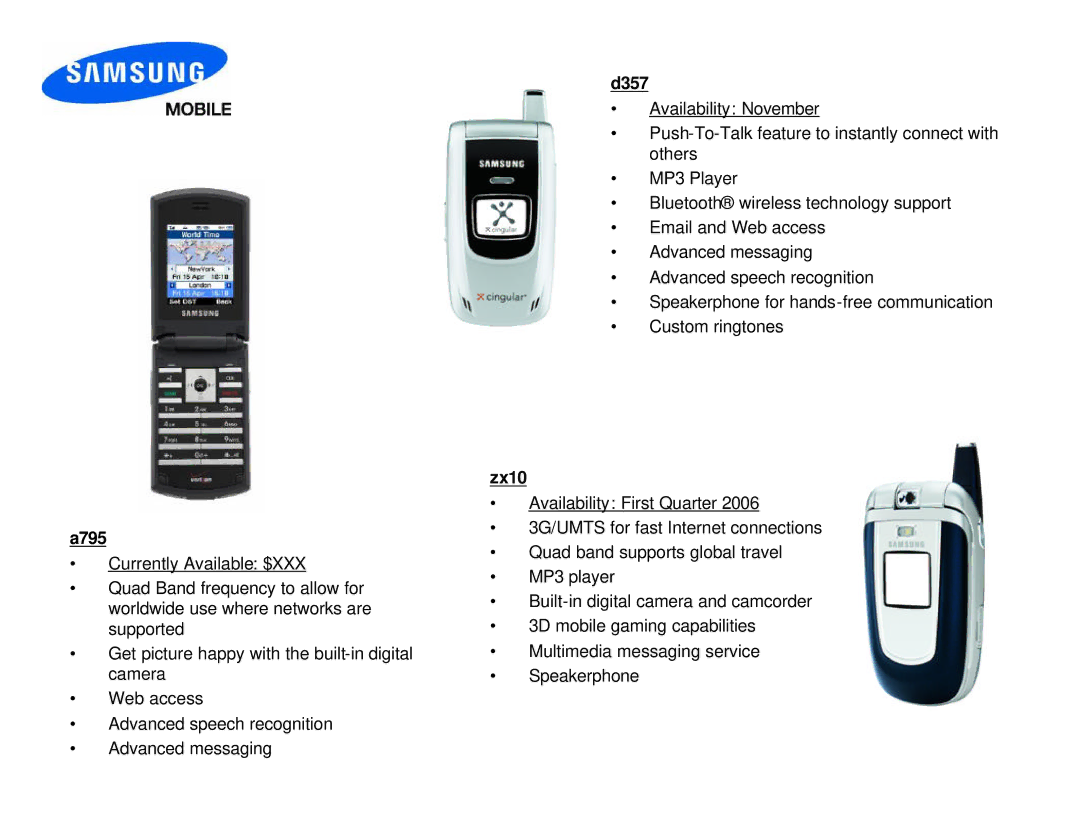 Samsung D307 manual A795, D357, Zx10 