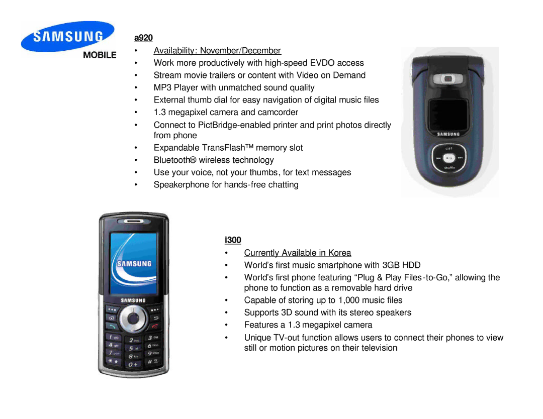 Samsung D307 manual A920, I300 