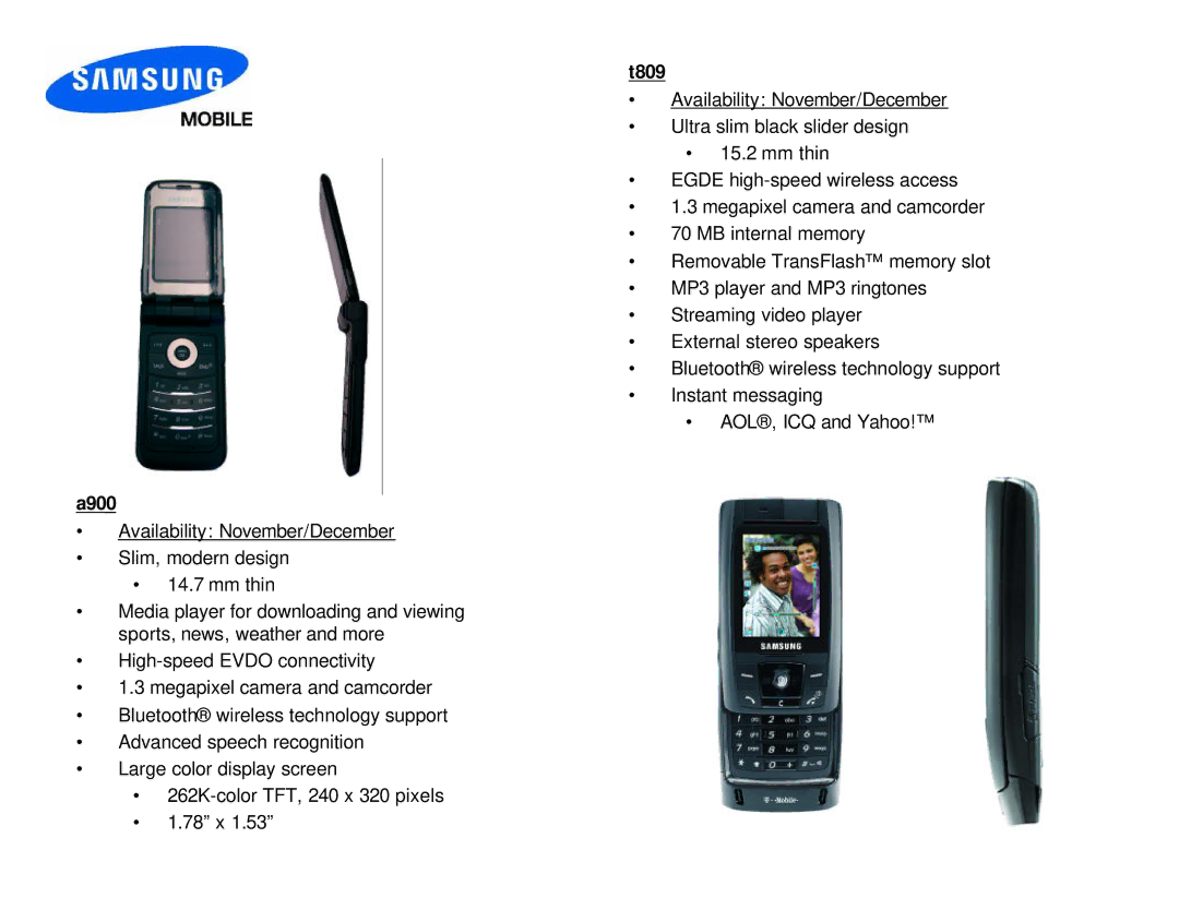 Samsung D307 manual T809, A900 