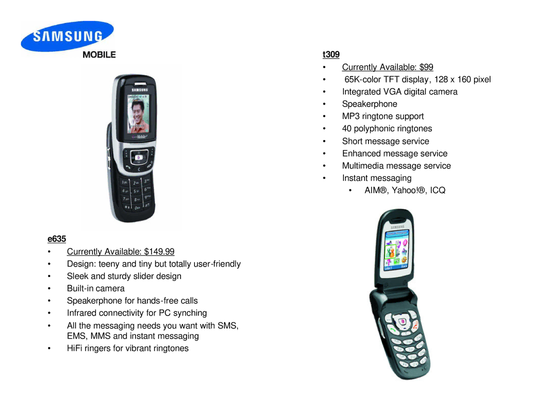 Samsung D307 manual T309, E635 