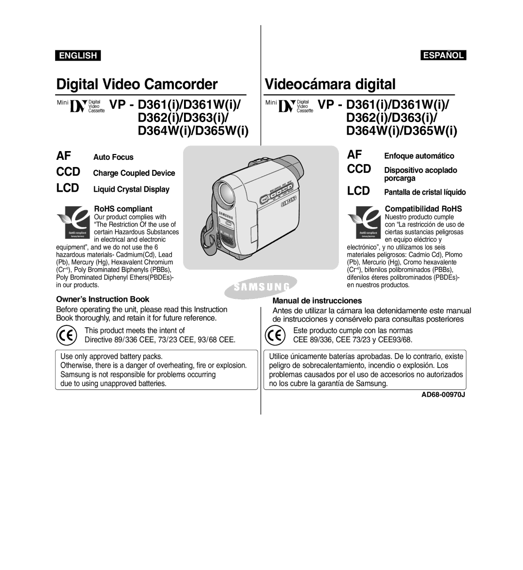 Samsung D365W(I) manual AF Enfoque automático CCD Dispositivo acoplado porcarga, Compatibilidad RoHS, AD68-00970J 