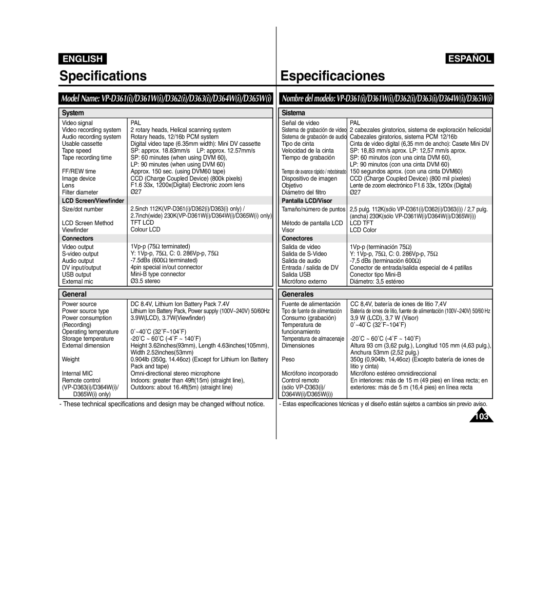 Samsung D365W(I) manual SpecificationsEspecificaciones, System, Sistema, General Generales 