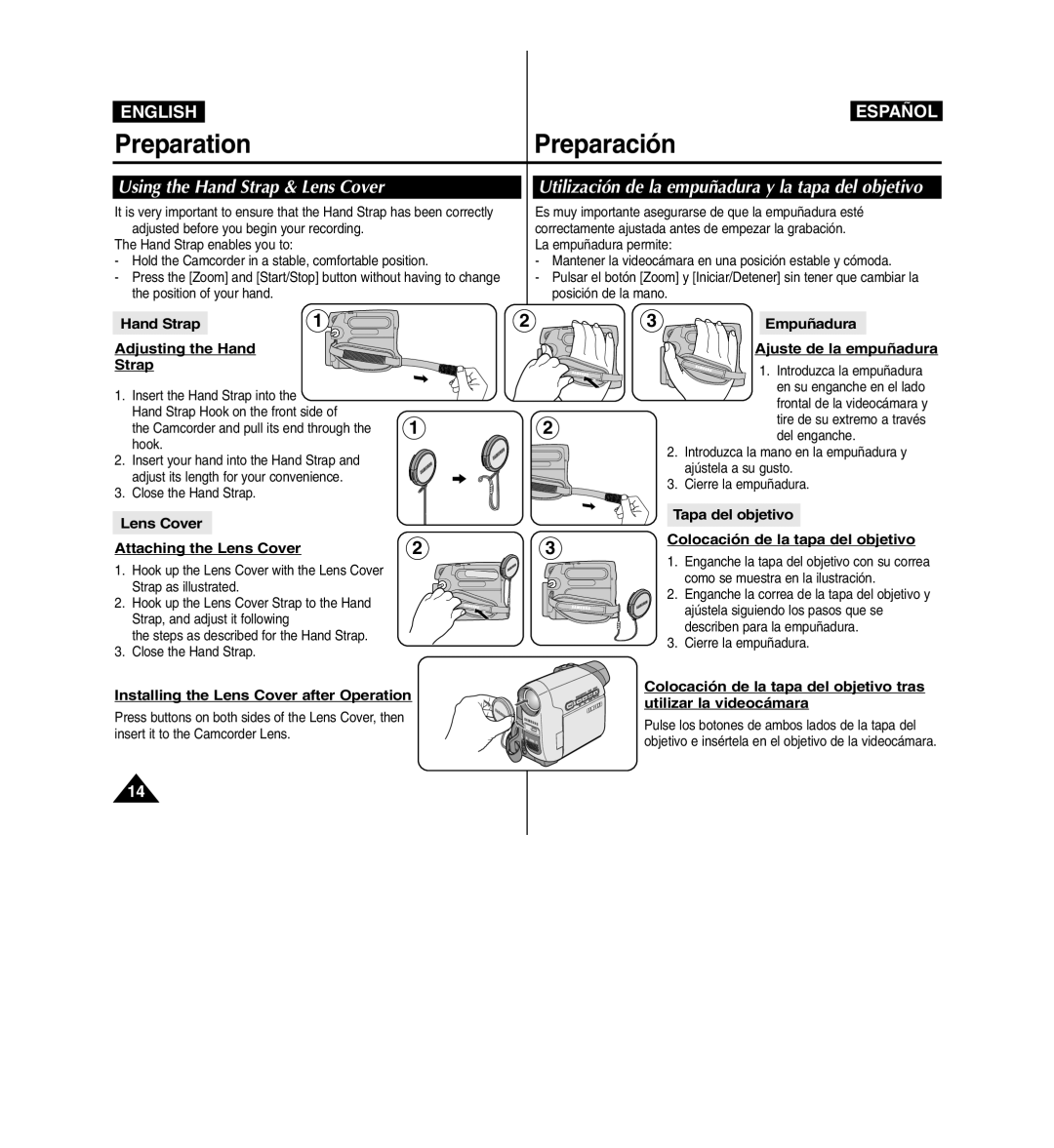 Samsung D365W(I) manual PreparationPreparación, Using the Hand Strap & Lens Cover 