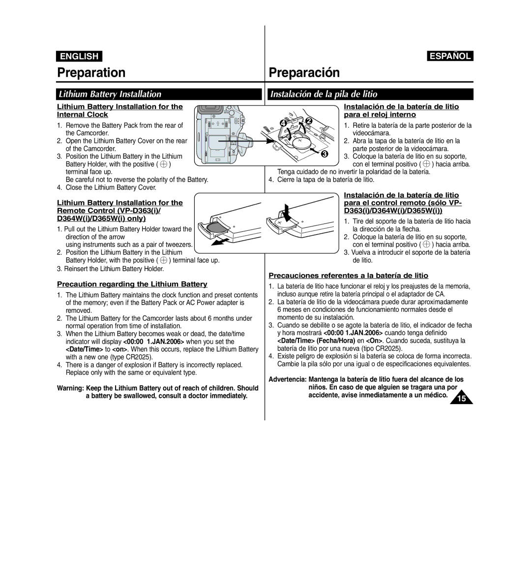 Samsung D365W(I) manual Lithium Battery Installation, Instalación de la pila de litio 