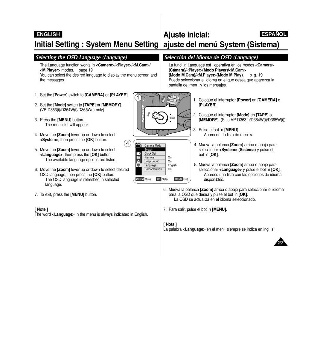 Samsung D365W(I) manual Selecting the OSD Language Language, Selección del idioma de OSD Language 