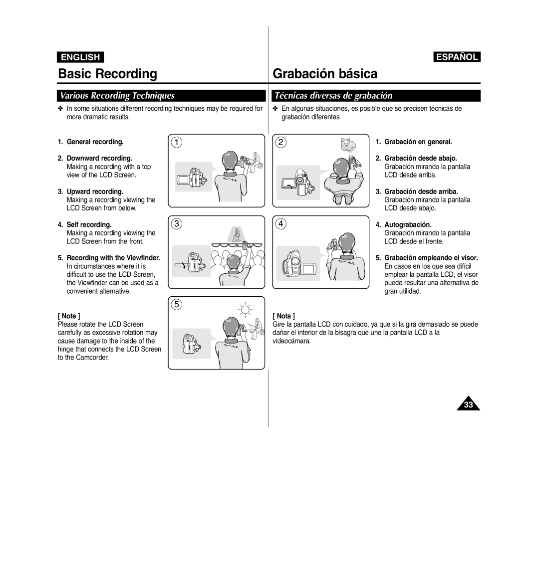 Samsung D365W(I) manual Basic Recording Grabación básica, Various Recording Techniques, Técnicas diversas de grabación 