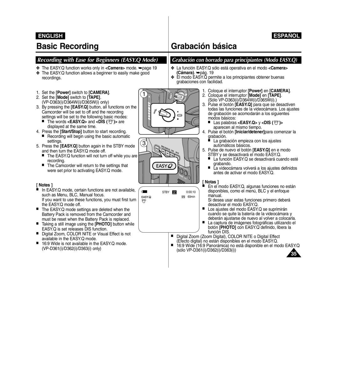 Samsung D365W(I) manual Recording with Ease for Beginners EASY.Q Mode, Grabación con borrado para principiantes Modo EASY.Q 